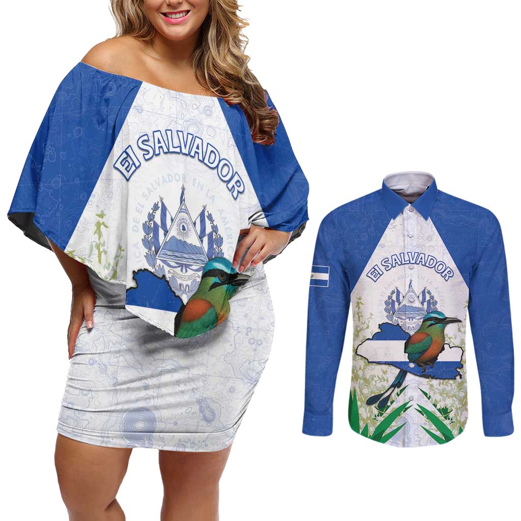 Personalized El Salvador Couples Matching Off Shoulder Short Dress and Long Sleeve Button Shirt Torogoz Bird Map