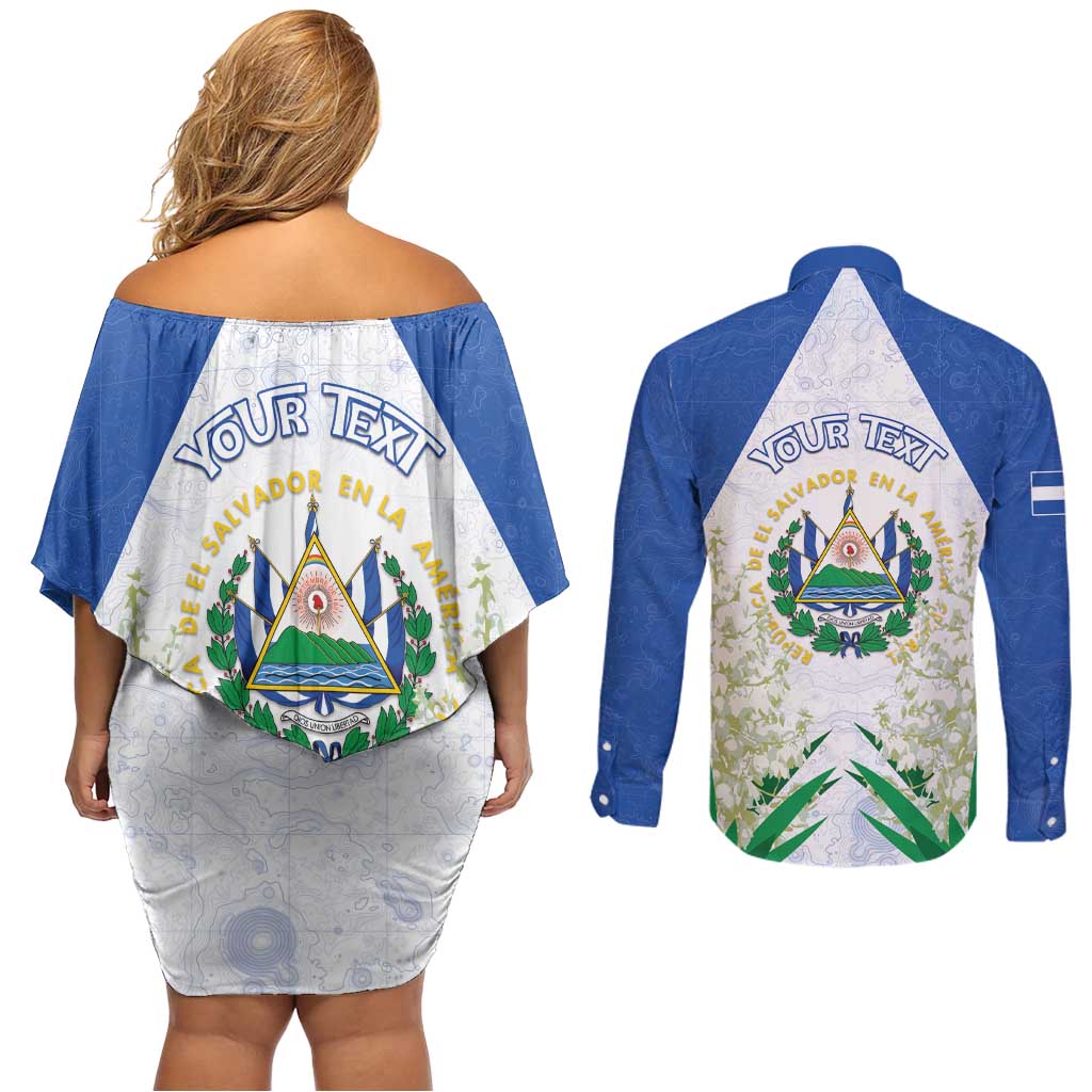 Personalized El Salvador Couples Matching Off Shoulder Short Dress and Long Sleeve Button Shirt Torogoz Bird Map