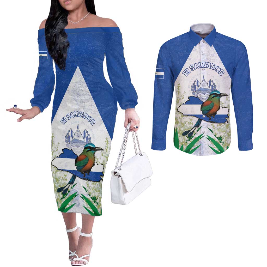 Personalized El Salvador Couples Matching Off The Shoulder Long Sleeve Dress and Long Sleeve Button Shirt Torogoz Bird Map