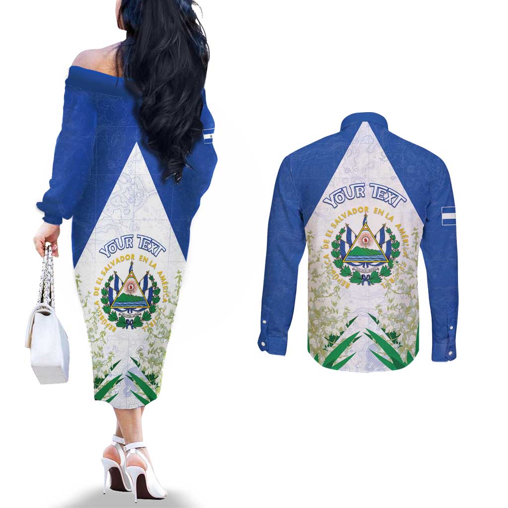 Personalized El Salvador Couples Matching Off The Shoulder Long Sleeve Dress and Long Sleeve Button Shirt Torogoz Bird Map