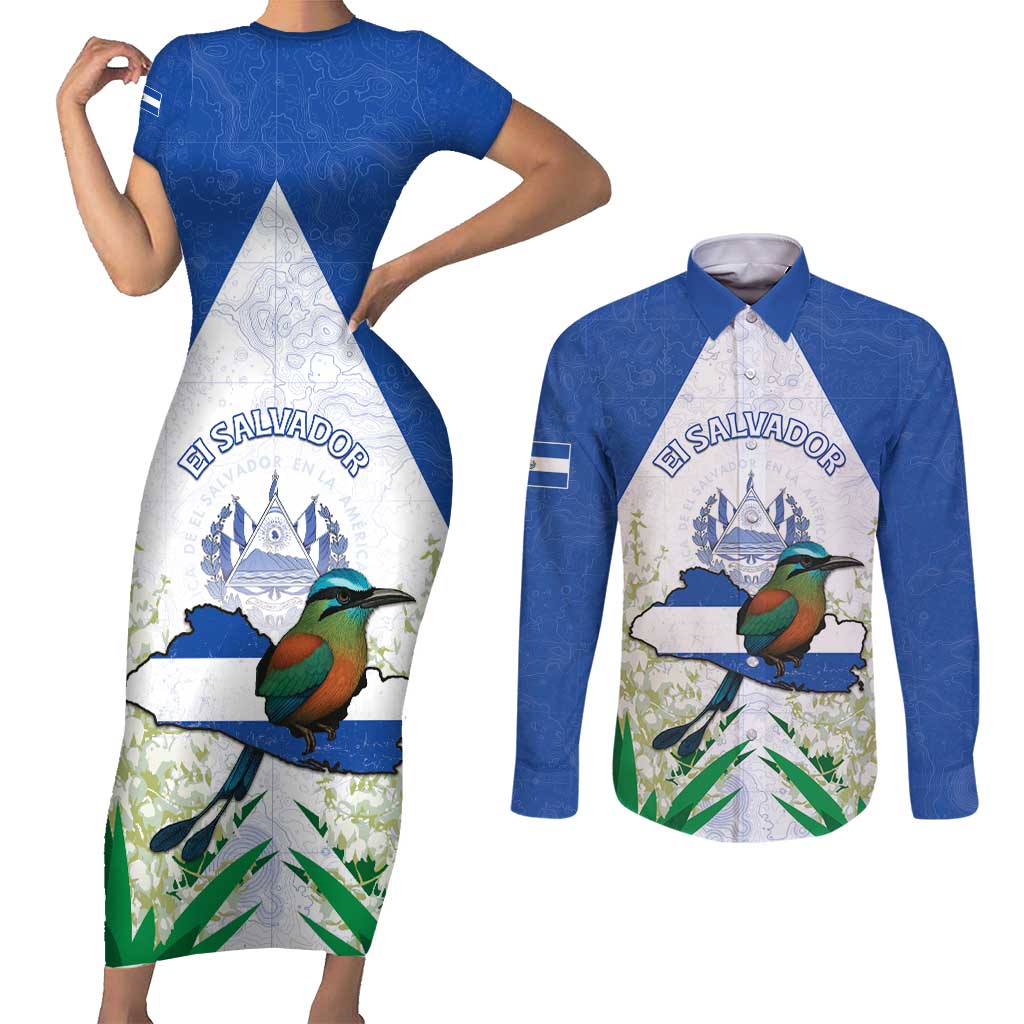 Personalized El Salvador Couples Matching Short Sleeve Bodycon Dress and Long Sleeve Button Shirt Torogoz Bird Map