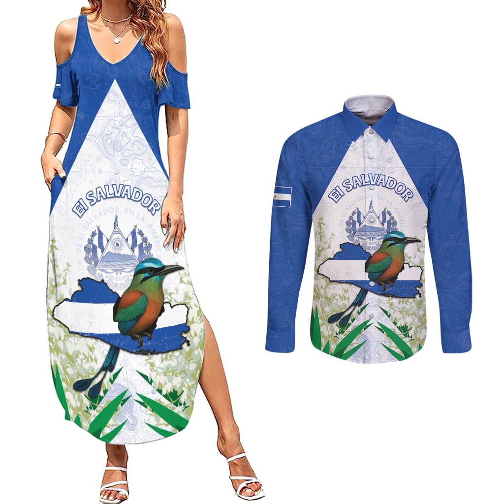 Personalized El Salvador Couples Matching Summer Maxi Dress and Long Sleeve Button Shirt Torogoz Bird Map