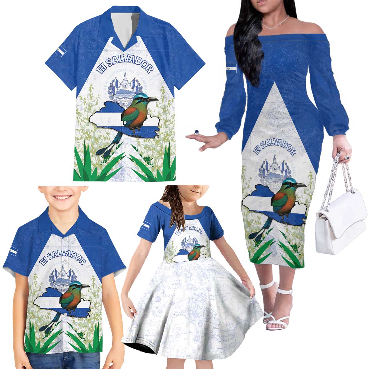 Personalized El Salvador Family Matching Off The Shoulder Long Sleeve Dress and Hawaiian Shirt Torogoz Bird Map