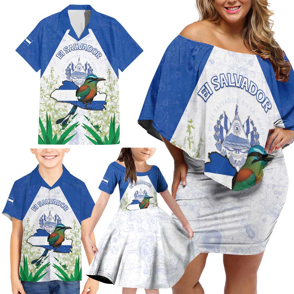 Personalized El Salvador Family Matching Off Shoulder Short Dress and Hawaiian Shirt Torogoz Bird Map