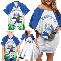 Personalized El Salvador Family Matching Off Shoulder Short Dress and Hawaiian Shirt Torogoz Bird Map