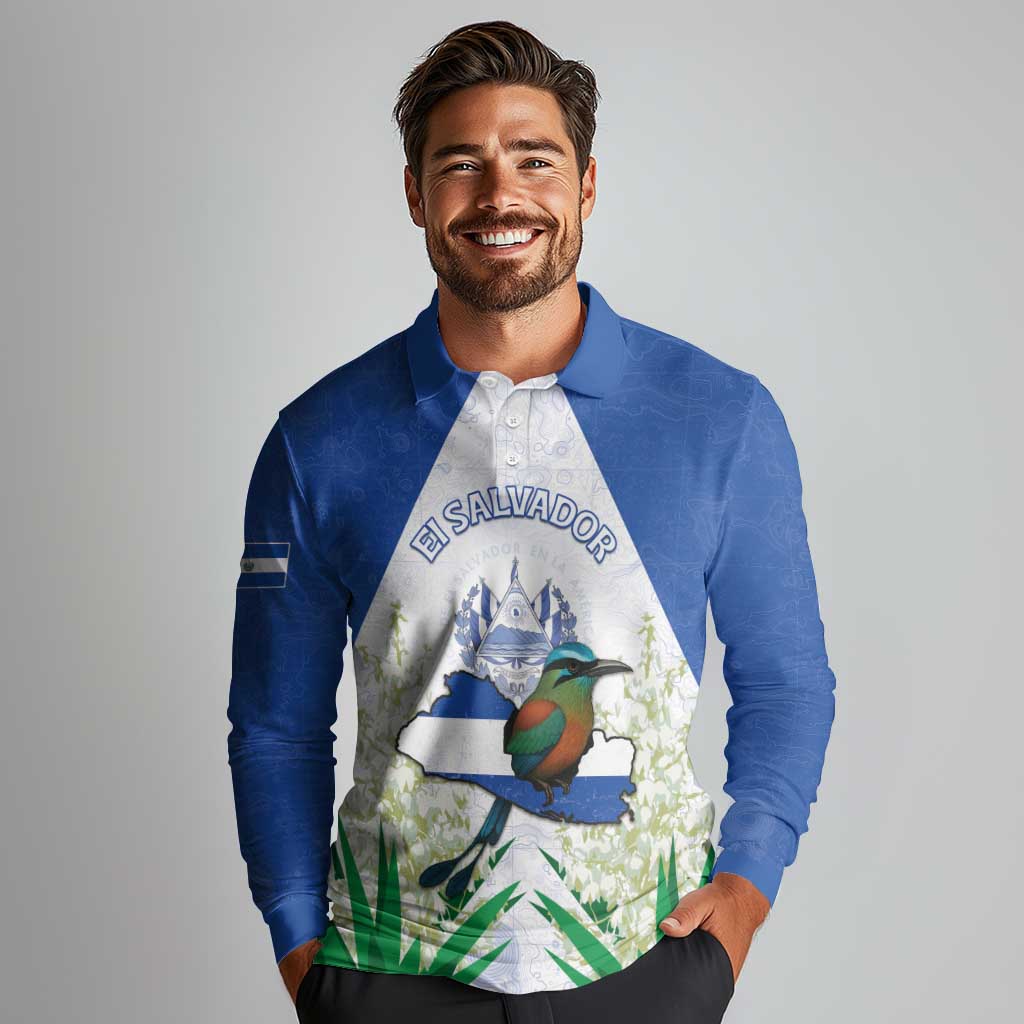 Personalized El Salvador Long Sleeve Polo Shirt Torogoz Bird Map
