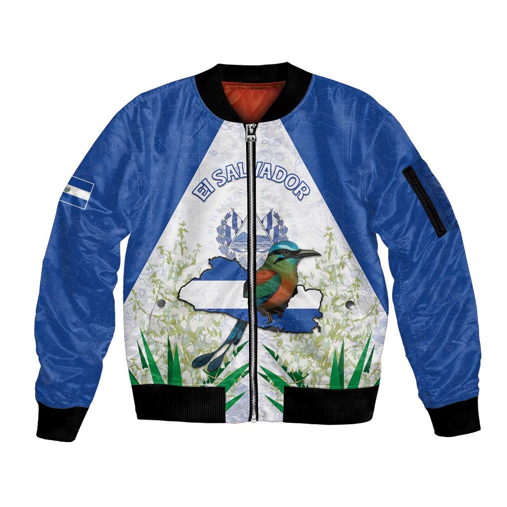 Personalized El Salvador Sleeve Zip Bomber Jacket Torogoz Bird Map