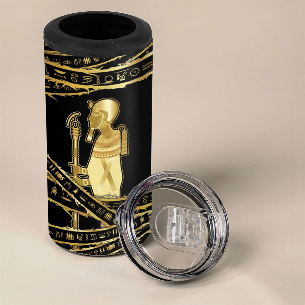 Egyptian God Ptah 4 in 1 Can Cooler Tumbler Gold Mummy Wrap Hieroglyphics Patterns