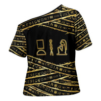 Egyptian God Ptah Cross Shoulder Shirt Gold Mummy Wrap Hieroglyphics Patterns