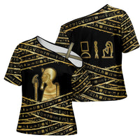 Egyptian God Ptah Cross Shoulder Shirt Gold Mummy Wrap Hieroglyphics Patterns
