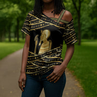 Egyptian God Ptah Cross Shoulder Shirt Gold Mummy Wrap Hieroglyphics Patterns