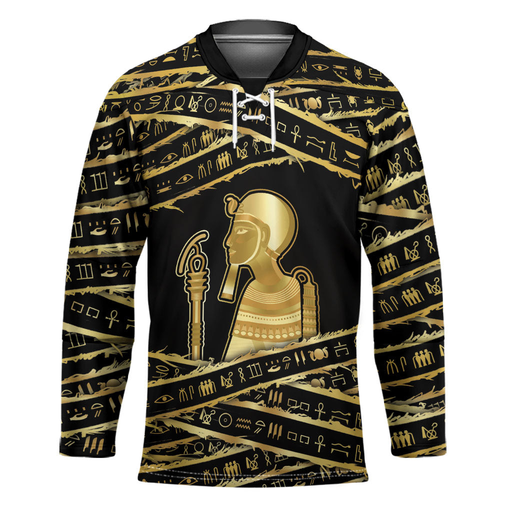 Egyptian God Ptah Hockey Jersey Gold Mummy Wrap Hieroglyphics Patterns