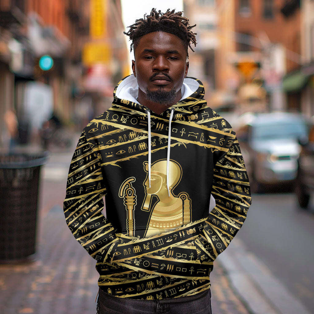 Egyptian God Ptah Hoodie Gold Mummy Wrap Hieroglyphics Patterns