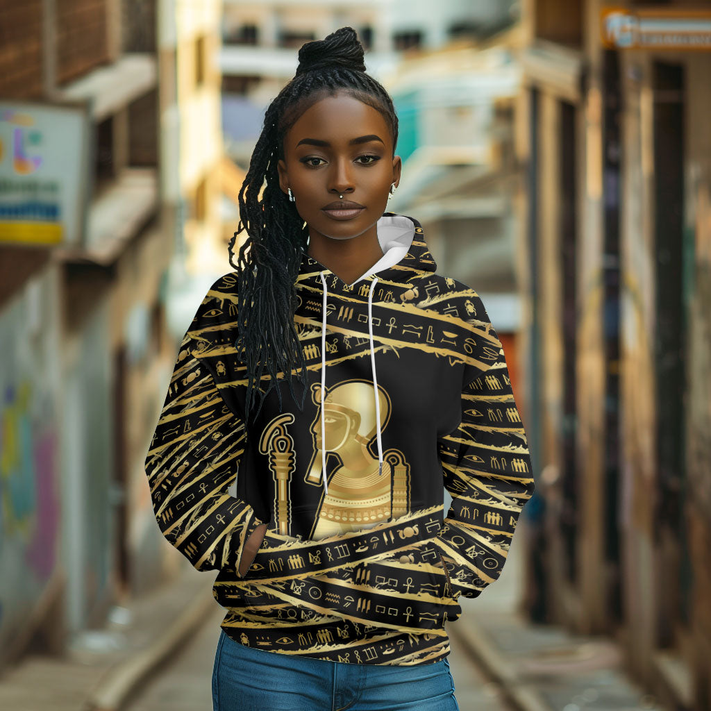 Egyptian God Ptah Hoodie Gold Mummy Wrap Hieroglyphics Patterns