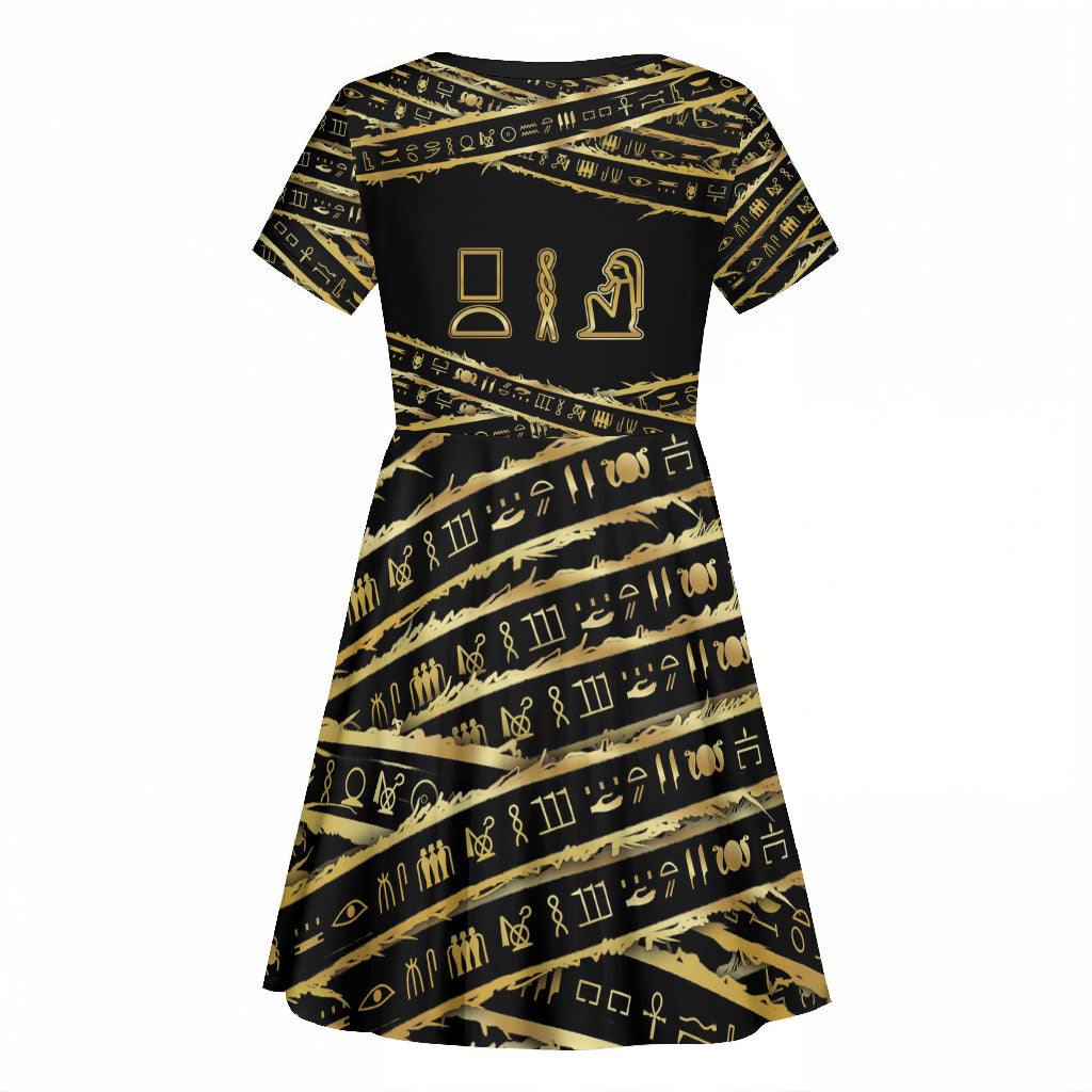 Egyptian God Ptah Kid Short Sleeve Dress Gold Mummy Wrap Hieroglyphics Patterns