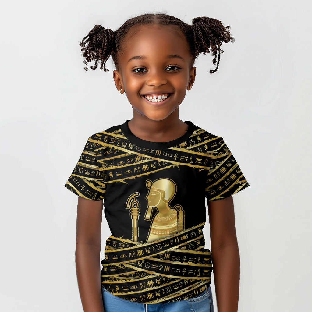 Egyptian God Ptah Kid T shirt Gold Mummy Wrap Hieroglyphics Patterns