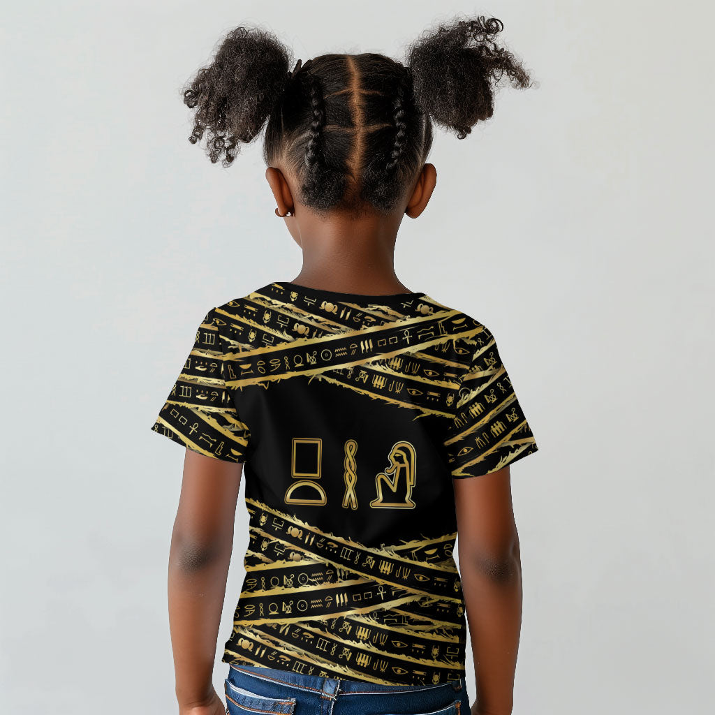 Egyptian God Ptah Kid T shirt Gold Mummy Wrap Hieroglyphics Patterns