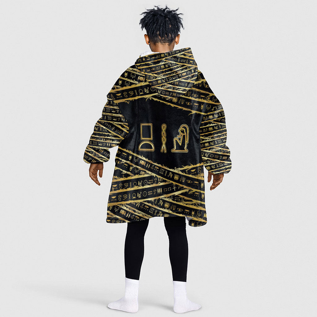 Egyptian God Ptah Kid Wearable Blanket Hoodie Gold Mummy Wrap Hieroglyphics Patterns