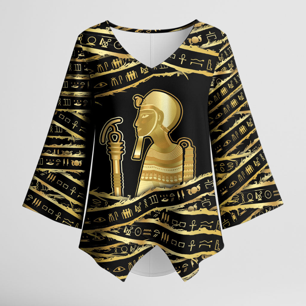 Egyptian God Ptah Kimono Sleeve Blouse Gold Mummy Wrap Hieroglyphics Patterns
