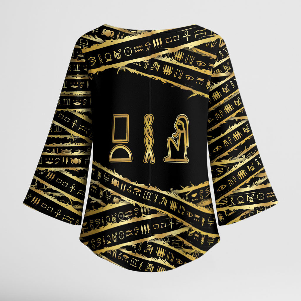 Egyptian God Ptah Kimono Sleeve Blouse Gold Mummy Wrap Hieroglyphics Patterns