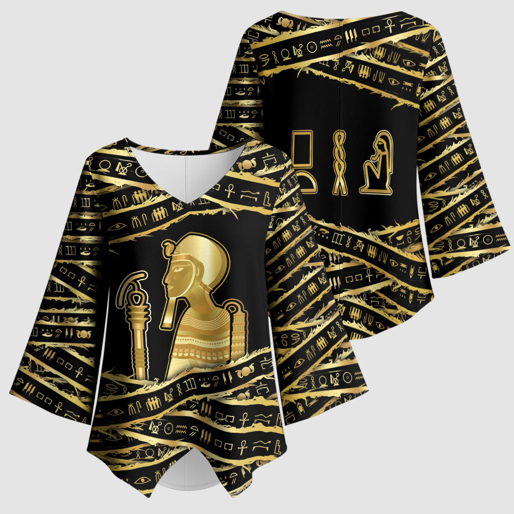 Egyptian God Ptah Kimono Sleeve Blouse Gold Mummy Wrap Hieroglyphics Patterns