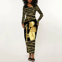 Egyptian God Ptah Long Sleeve Bodycon Dress Gold Mummy Wrap Hieroglyphics Patterns