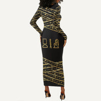 Egyptian God Ptah Long Sleeve Bodycon Dress Gold Mummy Wrap Hieroglyphics Patterns