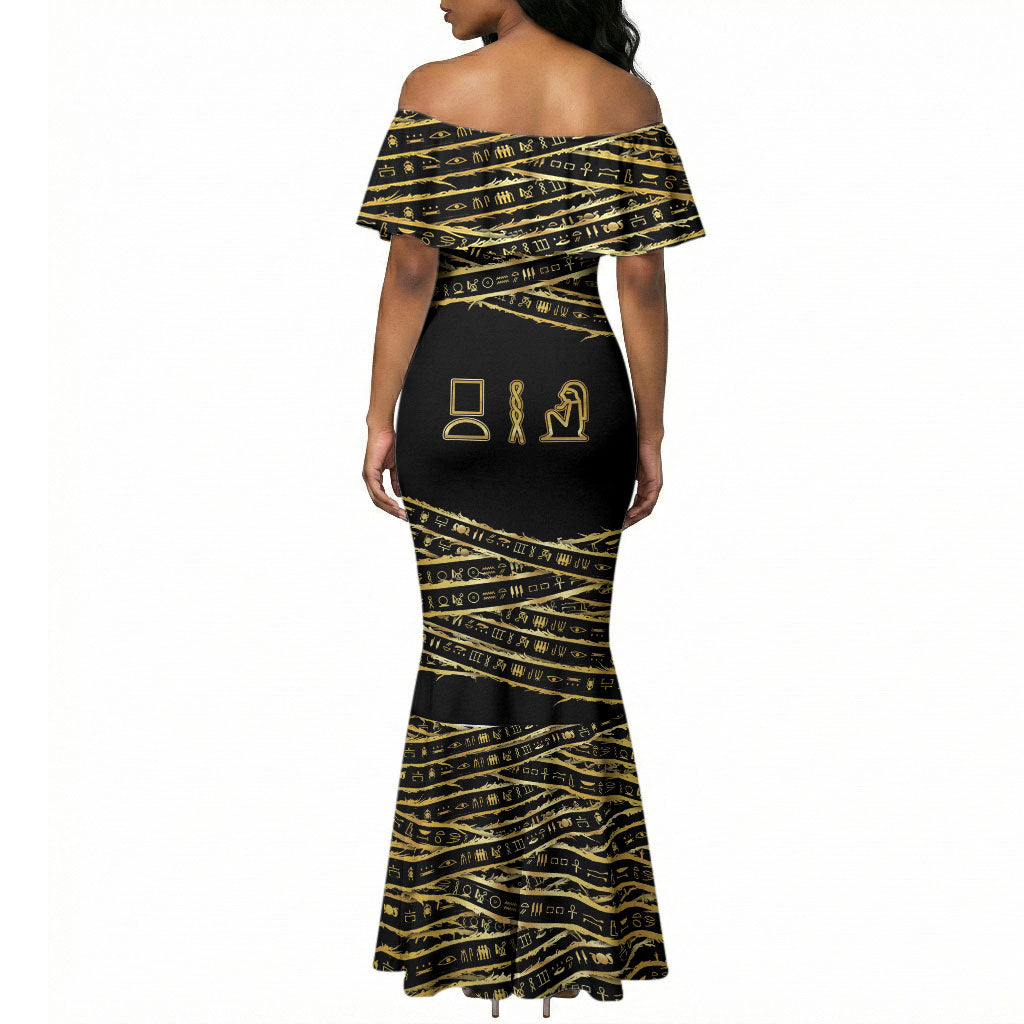 Egyptian God Ptah Mermaid Dress Gold Mummy Wrap Hieroglyphics Patterns