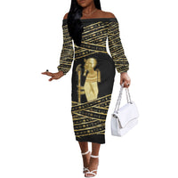 Egyptian God Ptah Off The Shoulder Long Sleeve Dress Gold Mummy Wrap Hieroglyphics Patterns