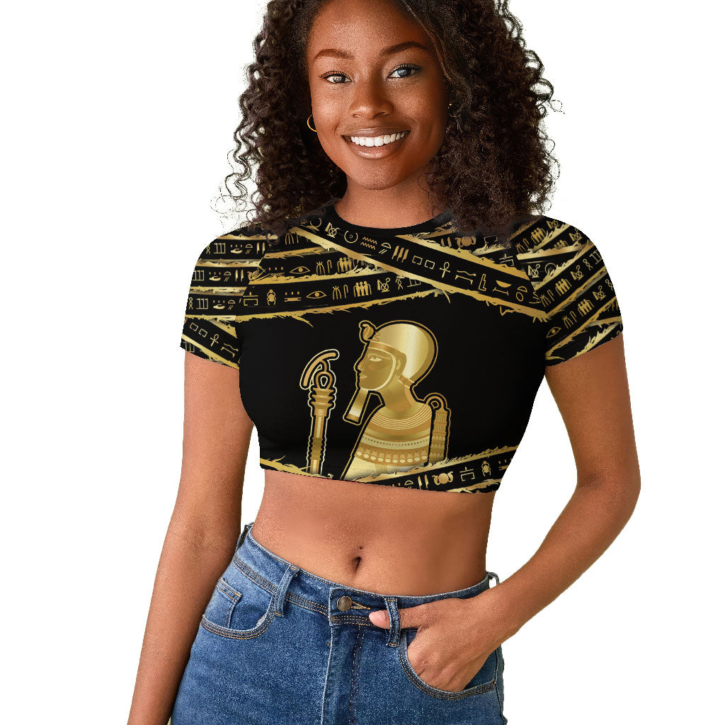 Egyptian God Ptah Raglan Cropped T shirt Gold Mummy Wrap Hieroglyphics Patterns