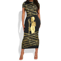 Egyptian God Ptah Short Sleeve Bodycon Dress Gold Mummy Wrap Hieroglyphics Patterns