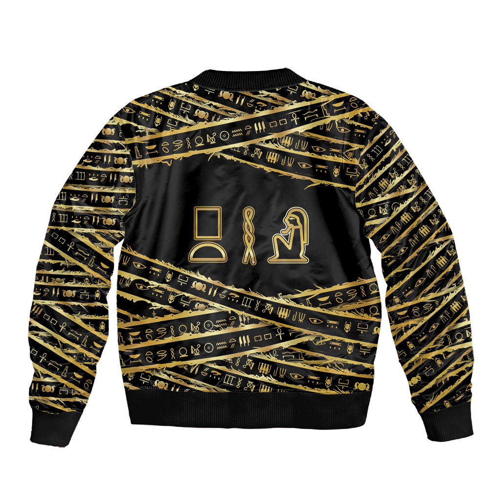 Egyptian God Ptah Sleeve Zip Bomber Jacket Gold Mummy Wrap Hieroglyphics Patterns