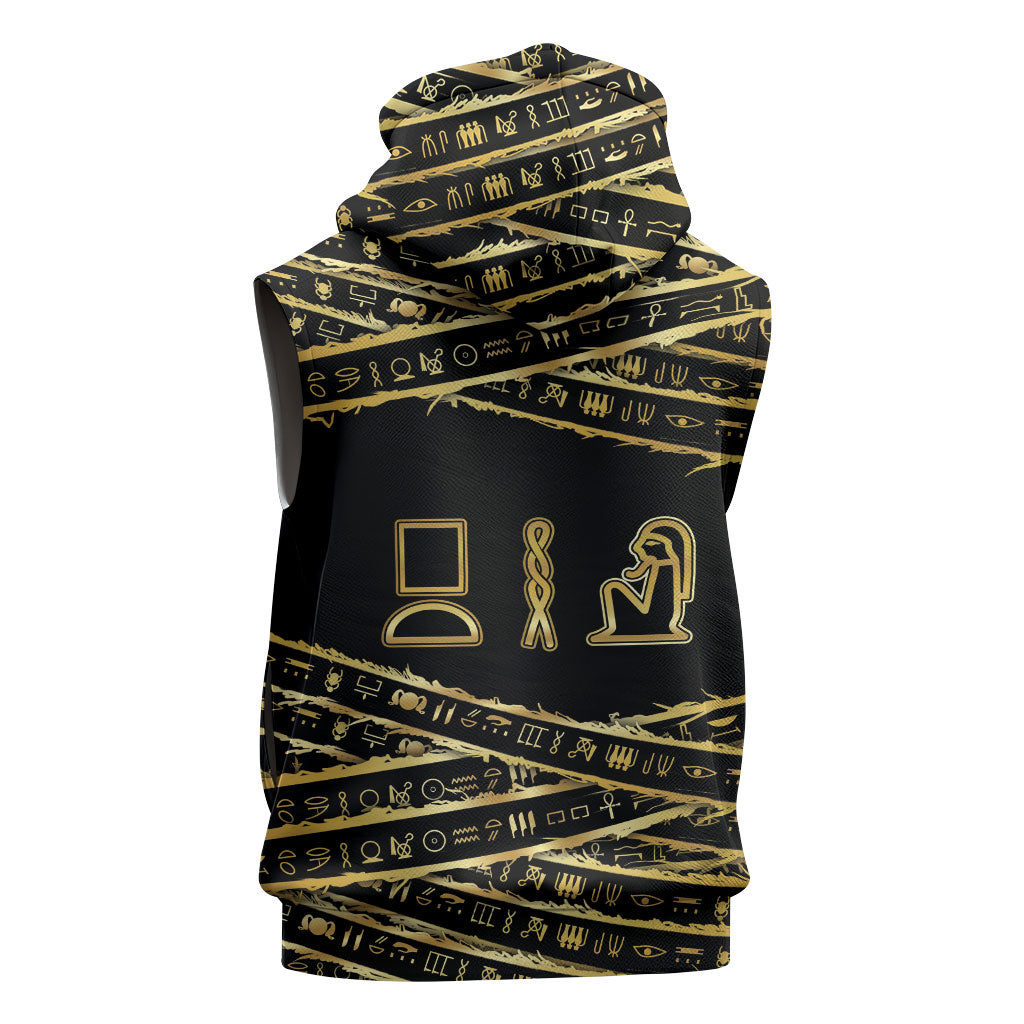 Egyptian God Ptah Sleeveless Zip Hoodie Gold Mummy Wrap Hieroglyphics Patterns
