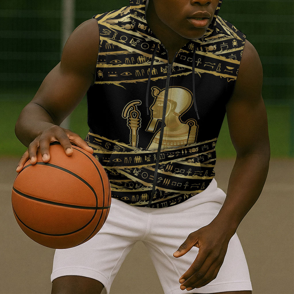 Egyptian God Ptah Sleeveless Zip Hoodie Gold Mummy Wrap Hieroglyphics Patterns