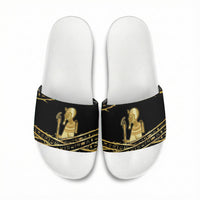 Egyptian God Ptah Slide Sandals Gold Mummy Wrap Hieroglyphics Patterns