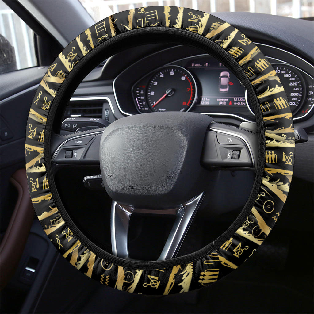 Egyptian God Ptah Steering Wheel Cover Gold Mummy Wrap Hieroglyphics Patterns