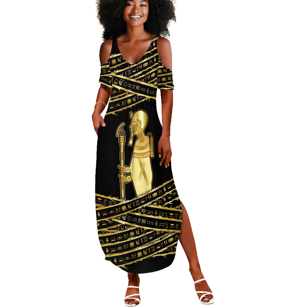 Egyptian God Ptah Summer Maxi Dress Gold Mummy Wrap Hieroglyphics Patterns