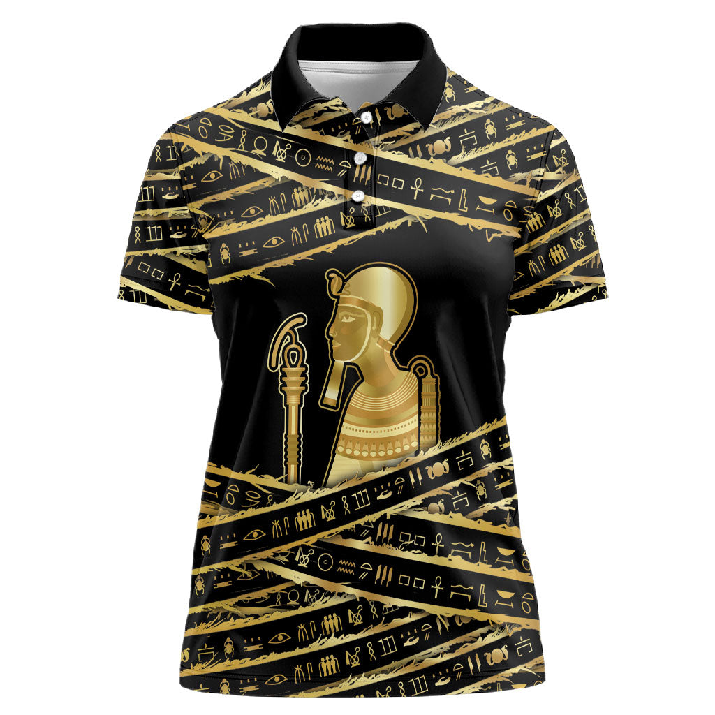 Egyptian God Ptah Women Polo Shirt Gold Mummy Wrap Hieroglyphics Patterns