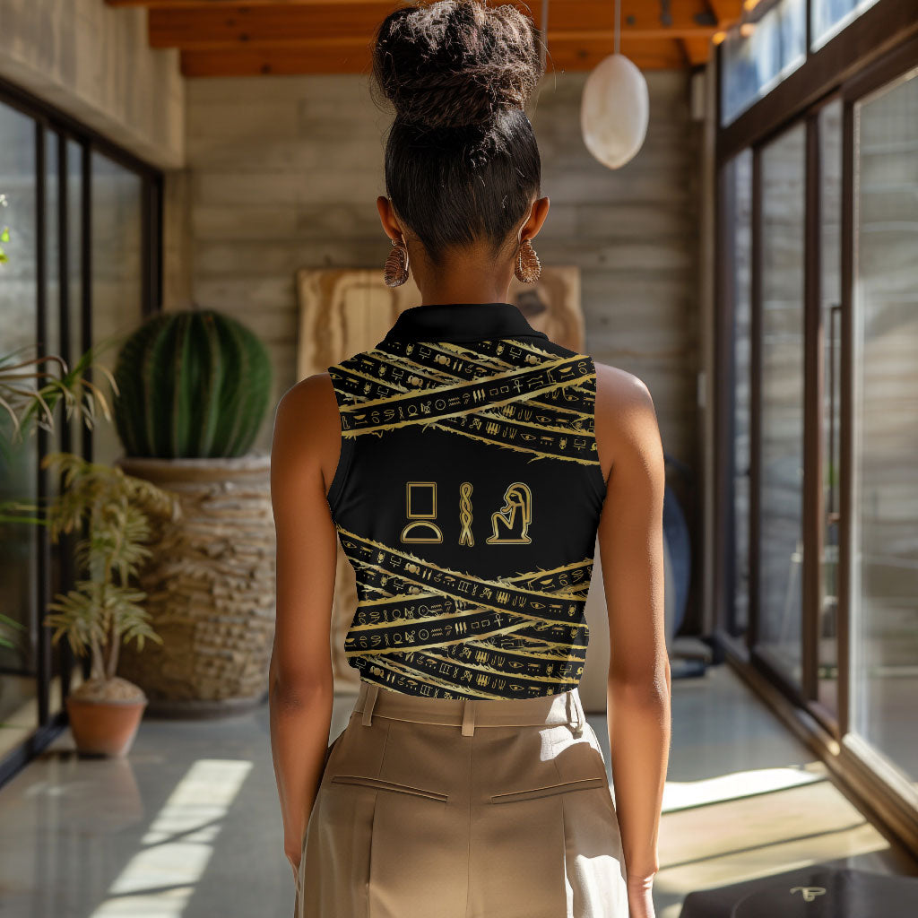 Egyptian God Ptah Women Sleeveless Polo Shirt Gold Mummy Wrap Hieroglyphics Patterns