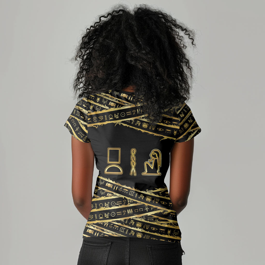 Egyptian God Ptah Women V-Neck T-Shirt Gold Mummy Wrap Hieroglyphics Patterns