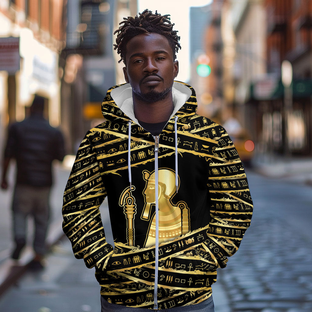 Egyptian God Ptah Zip Hoodie Gold Mummy Wrap Hieroglyphics Patterns