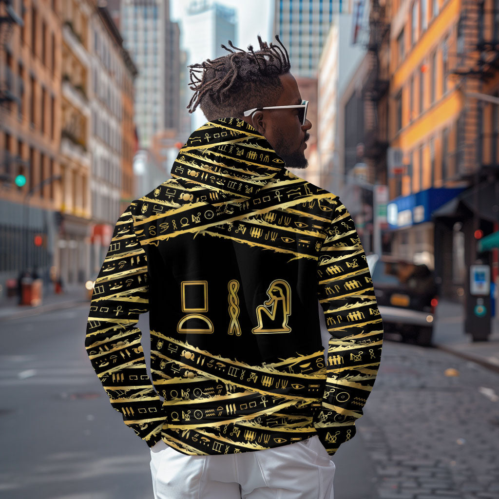 Egyptian God Ptah Zip Hoodie Gold Mummy Wrap Hieroglyphics Patterns