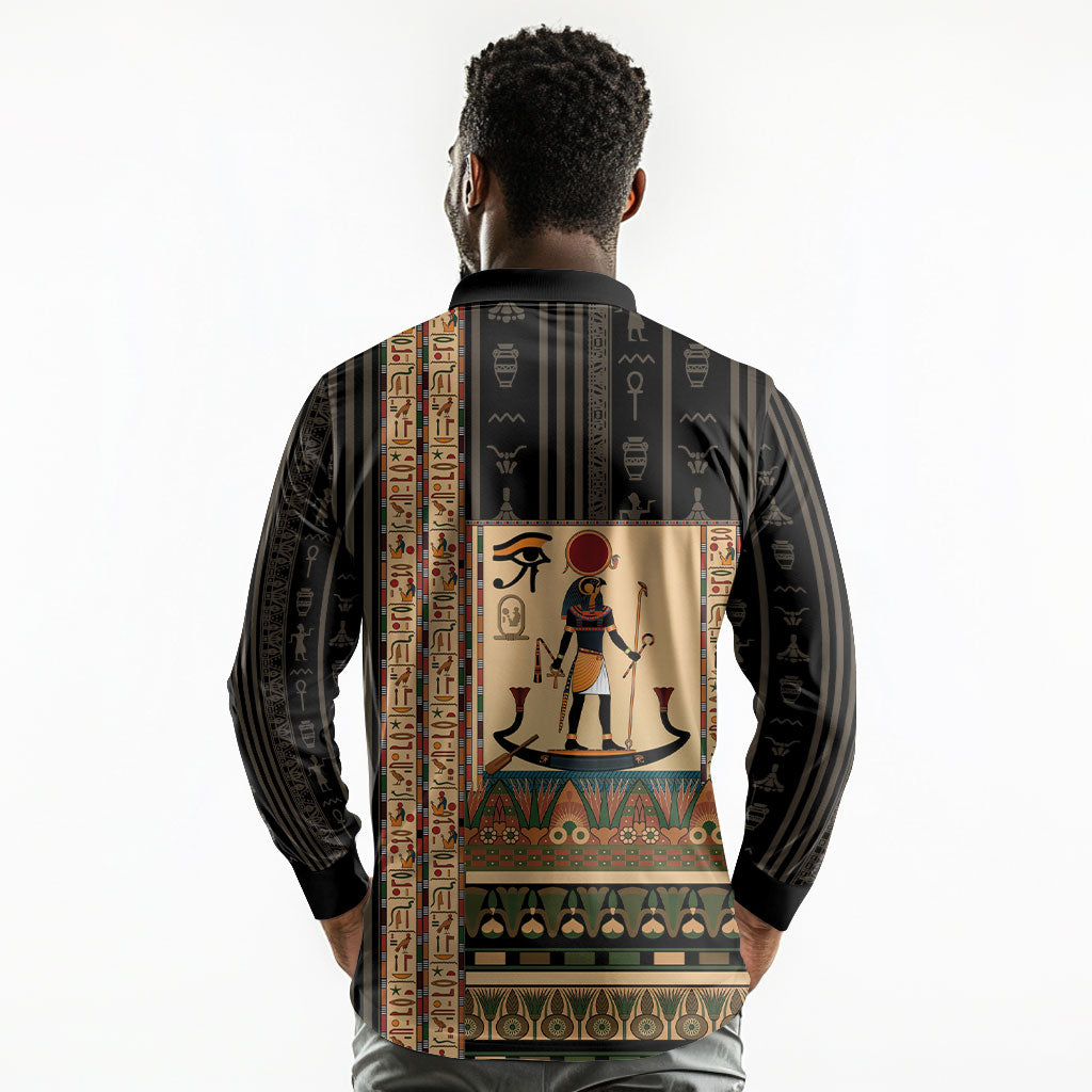 Egyptian God Ra Long Sleeve Polo Shirt Ancient Mythology Solar Barque Falcon
