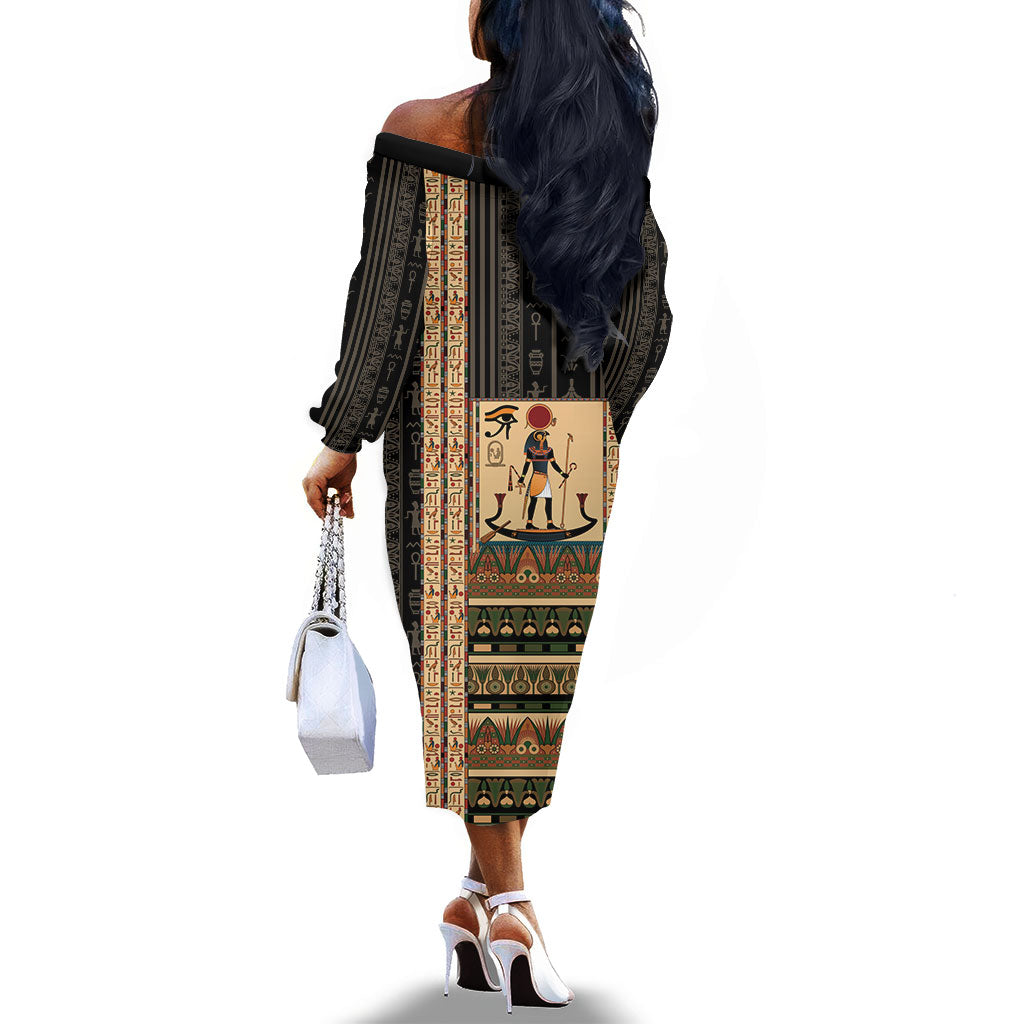 Egyptian God Ra Off The Shoulder Long Sleeve Dress Ancient Mythology Solar Barque Falcon