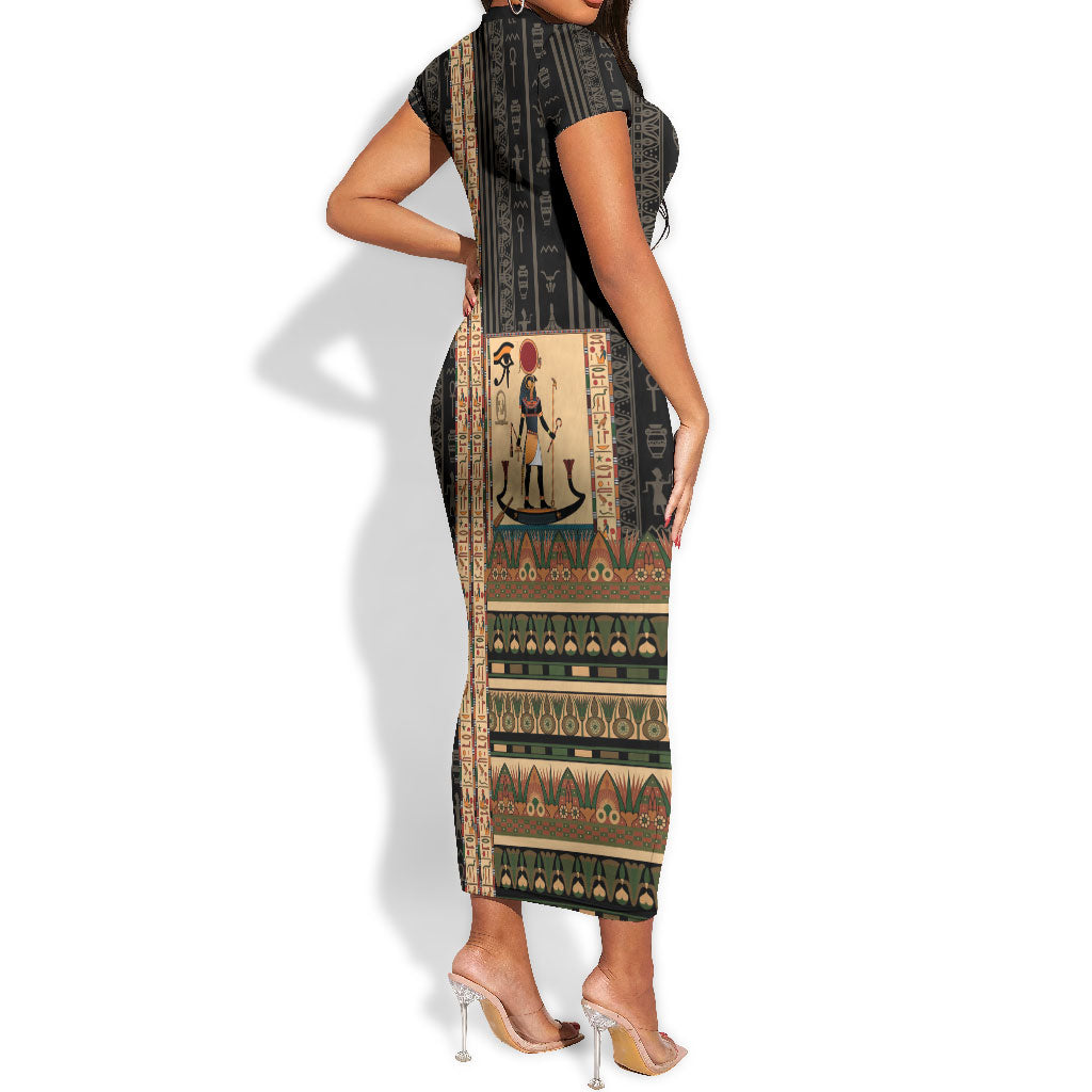 Egyptian God Ra Short Sleeve Bodycon Dress Ancient Mythology Solar Barque Falcon