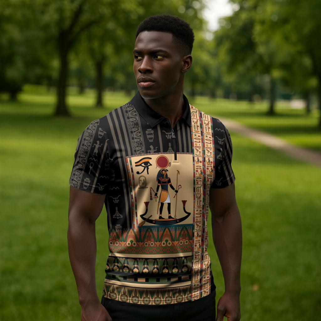 Egyptian God Ra Zipper Polo Shirt Ancient Mythology Solar Barque Falcon