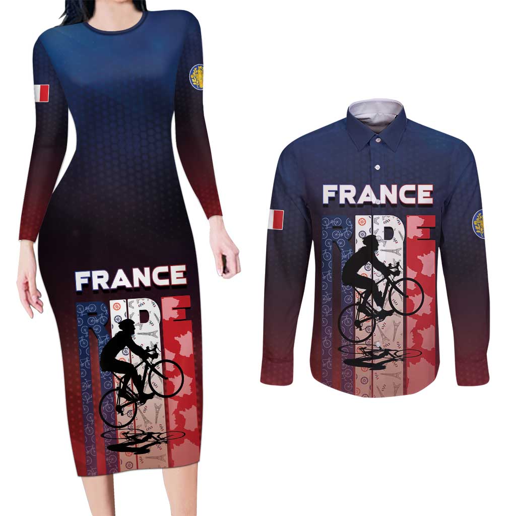 Personalized France Cycling Couples Matching Long Sleeve Bodycon Dress and Long Sleeve Button Shirt Ride With Cyclist - Wonder Print Shop