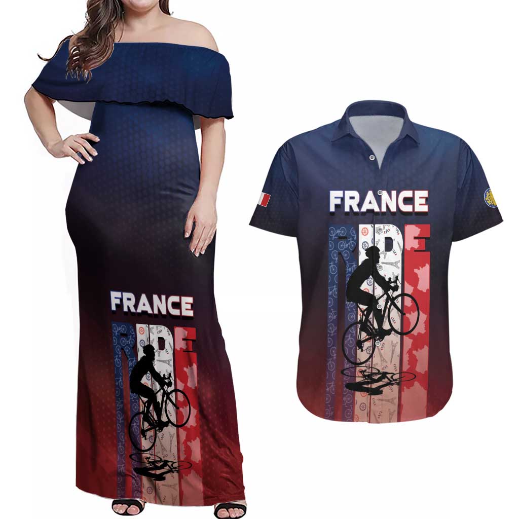 Personalized France Cycling Couples Matching Off Shoulder Maxi Dress and Hawaiian Shirt Ride With Cyclist - Wonder Print Shop