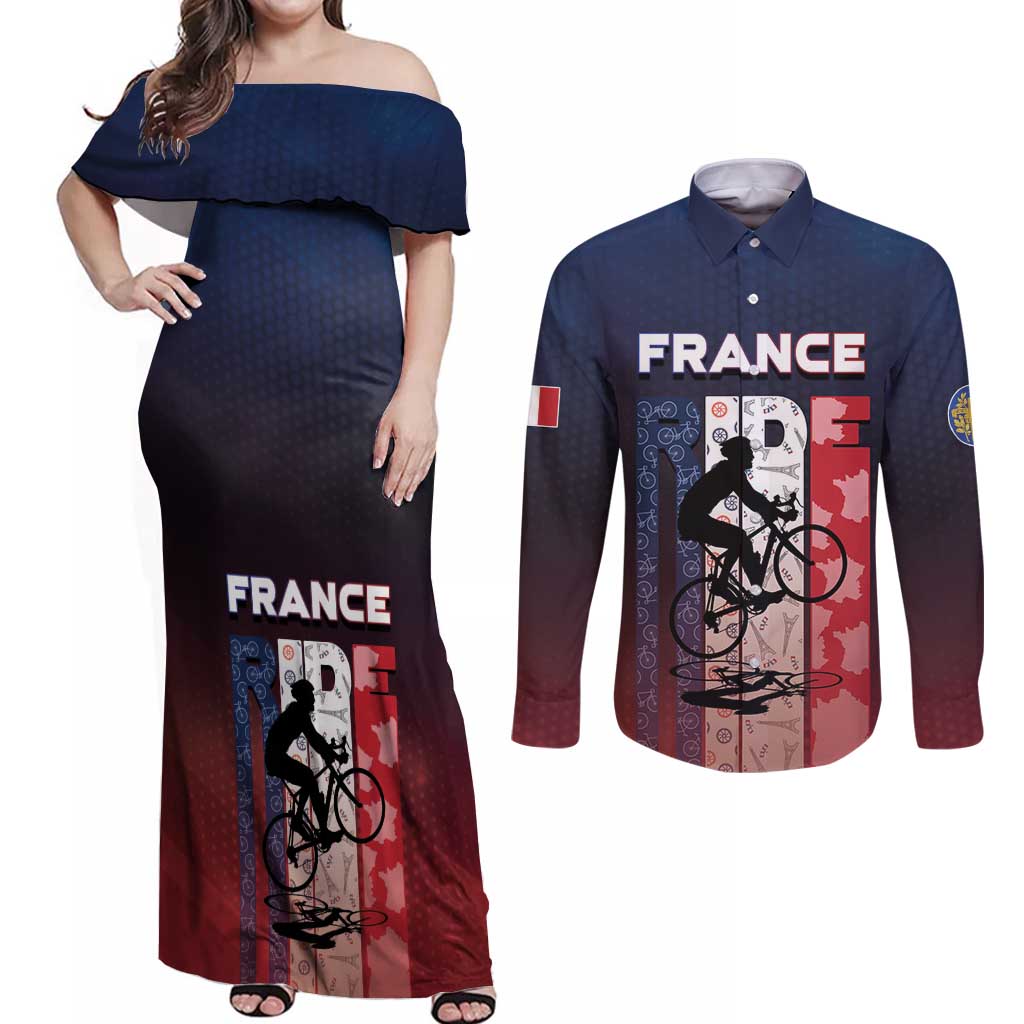 Personalized France Cycling Couples Matching Off Shoulder Maxi Dress and Long Sleeve Button Shirt Ride With Cyclist - Wonder Print Shop