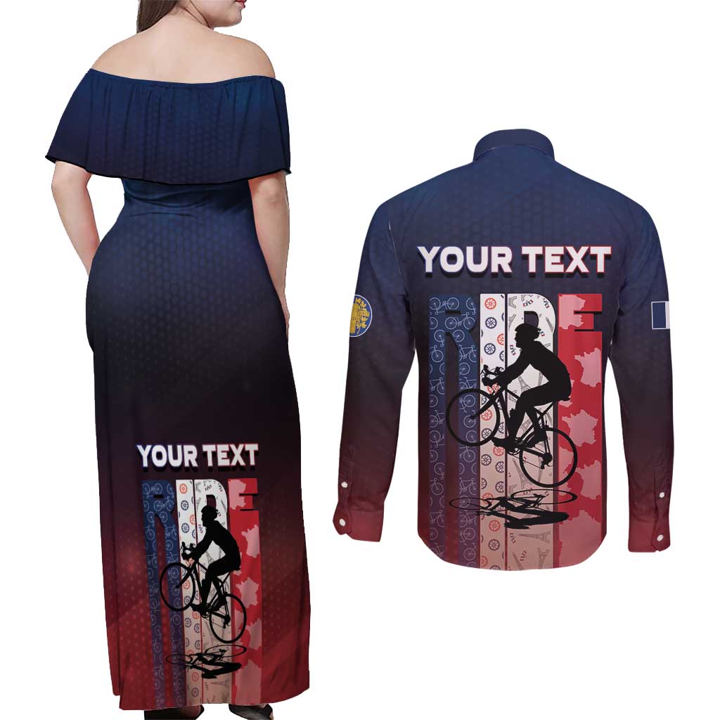 Personalized France Cycling Couples Matching Off Shoulder Maxi Dress and Long Sleeve Button Shirt Ride With Cyclist - Wonder Print Shop